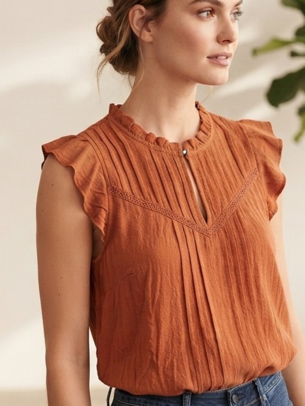 NEW NANETTE LEOPORE Ruffle-Yoke Top in Rust Rich Brown Sz L